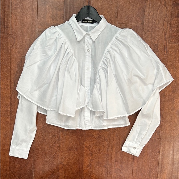 Khosi Nkosi Tops - Khosi Nkosi African Elevated White Button Down Top with Ruffles, Size Small